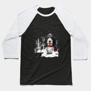 Christmas Basset Hound With Scarf In Winter Forest Baseball T-Shirt